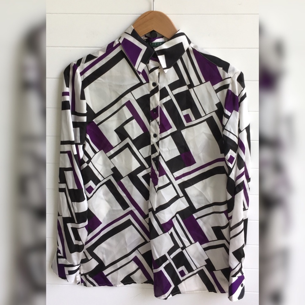 LRL NEW Abstract Partial Button Sheer Blouse Shirt